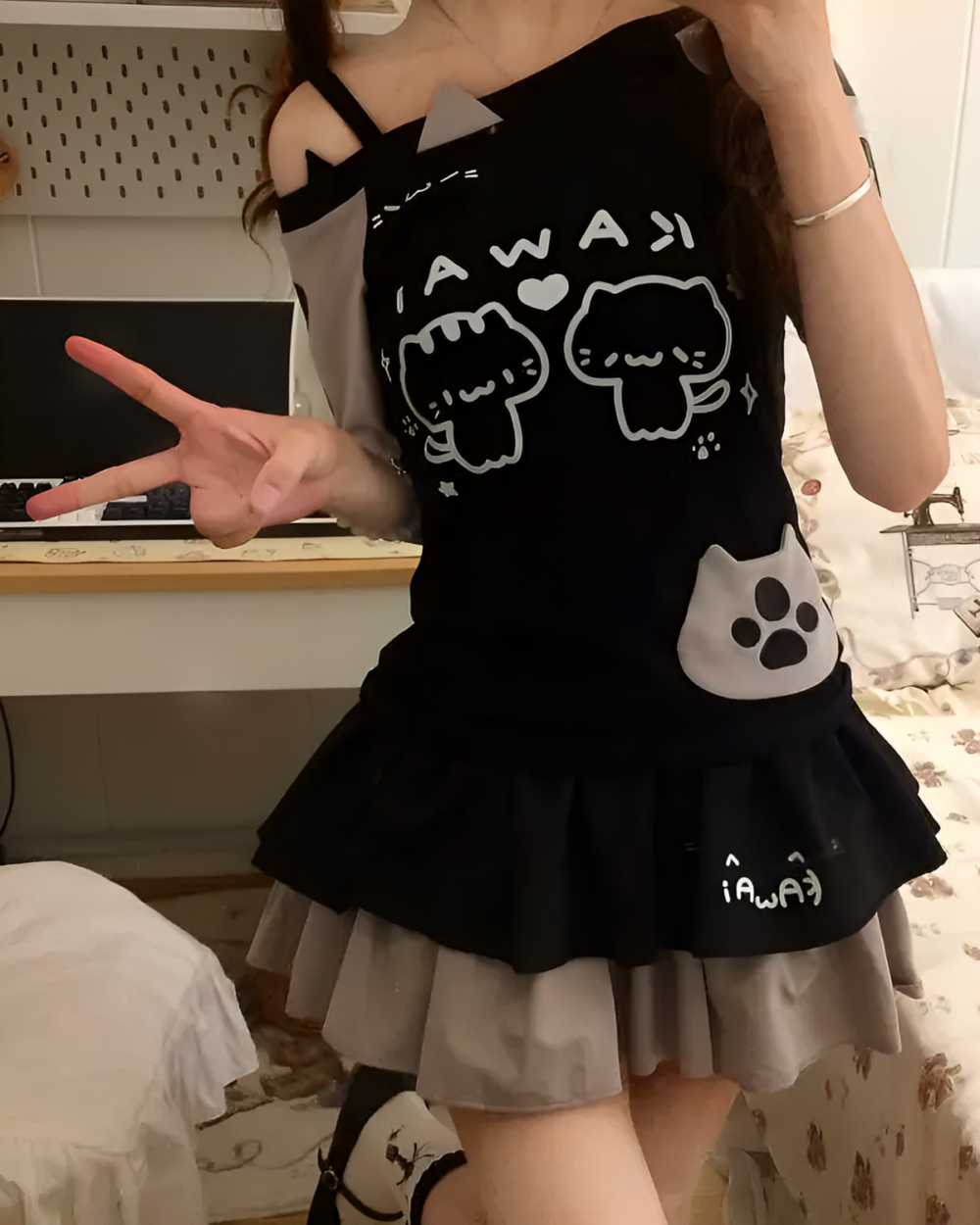 Black Cutecore Aesthetic Top with cat illustration, layered skirt.