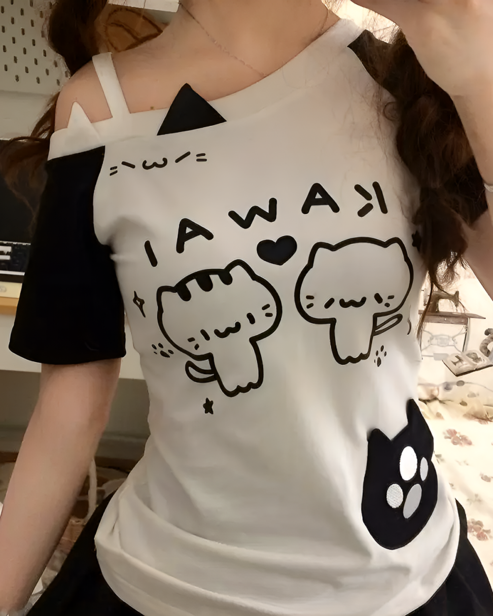 Black and white Cutecore Aesthetic Top featuring two kawaii cat illustrations and playful text.