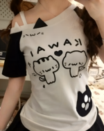 Black and white Cutecore Aesthetic Top featuring two kawaii cat illustrations and playful text.