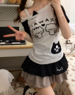 Neko Pair Kawaii Top - Cutecore Aesthetic Top with cat and paw print design.