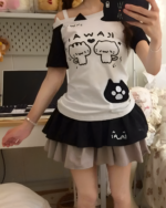 Neko Pair Kawaii Top - Cutecore Aesthetic featuring cat illustrations on a white shirt and black tutu.