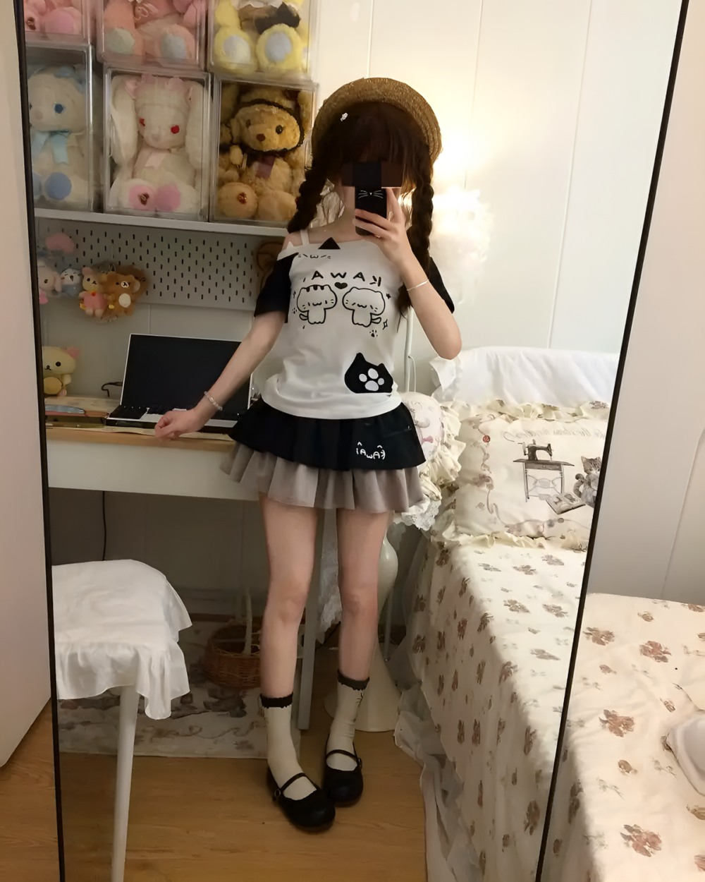 Neko Pair Kawaii Top - Cutecore Aesthetic Top, featuring a cat design, worn by a person in a bedroom setting.