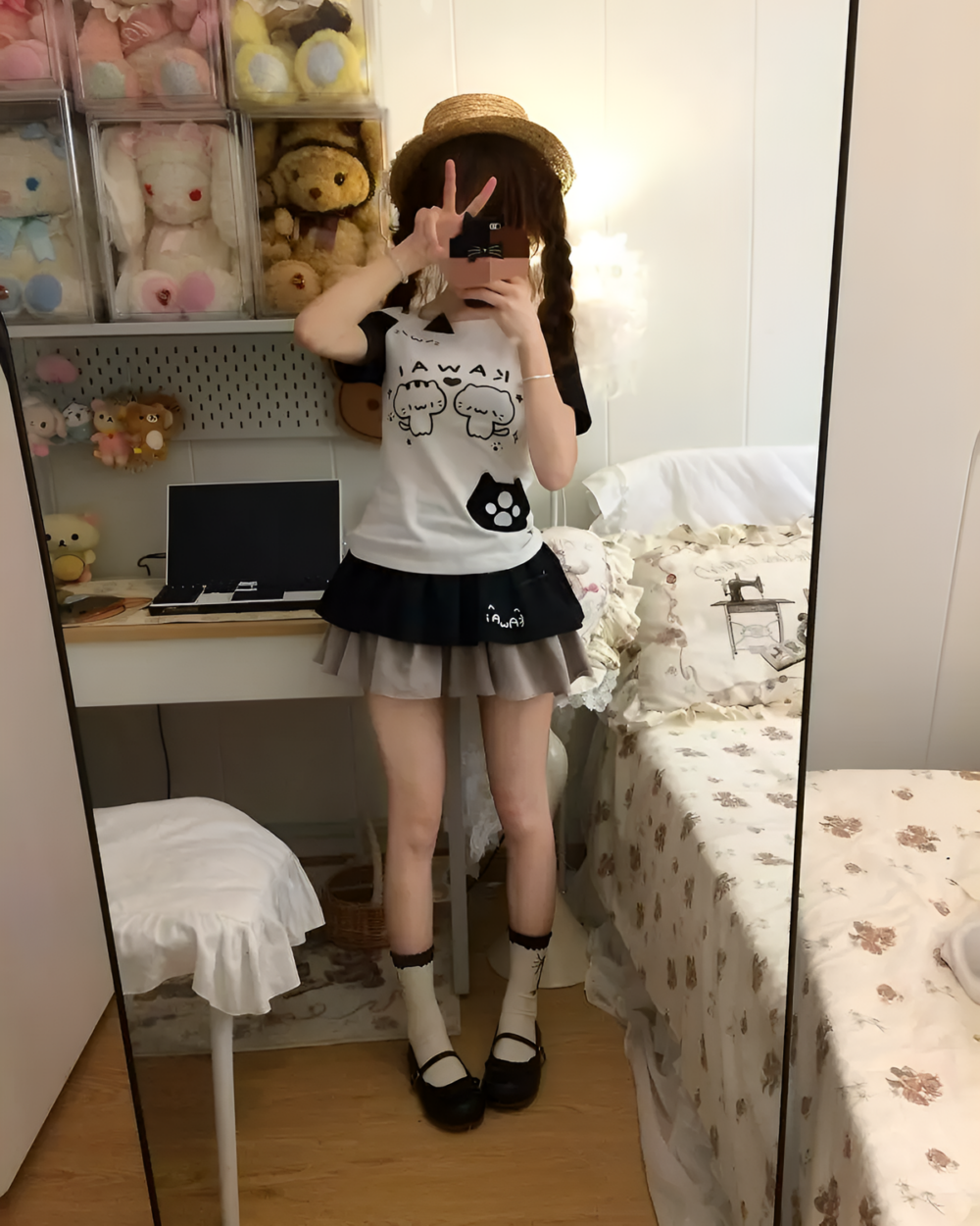 Neko Pair Kawaii Top - Cutecore Aesthetic Top worn by a person in a bedroom setting.