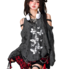 Grunge Butterfly Top, distressed gray off-shoulder top with butterfly embellishments and ripped details.