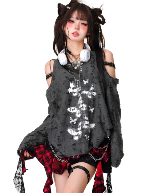Grunge Butterfly Top, distressed gray off-shoulder top with butterfly embellishments and ripped details.