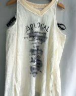 Off-Shoulder Grunge Butterfly Top, white sheer fabric with text and butterfly print.