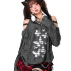 Gray grunge butterfly top with ripped details and lace trim, featuring a distressed aesthetic.