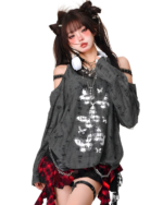 Gray grunge butterfly top with ripped details and lace trim, featuring a distressed aesthetic.