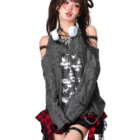 Off-shoulder Grunge Butterfly Top featuring distressed details and a black print.