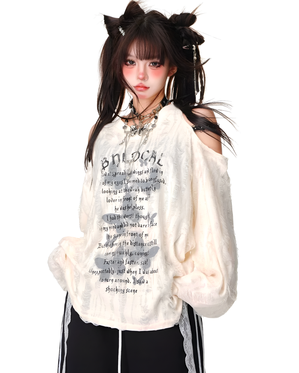 Off-Shoulder Grunge Butterfly Top featuring a detailed, distressed print design.