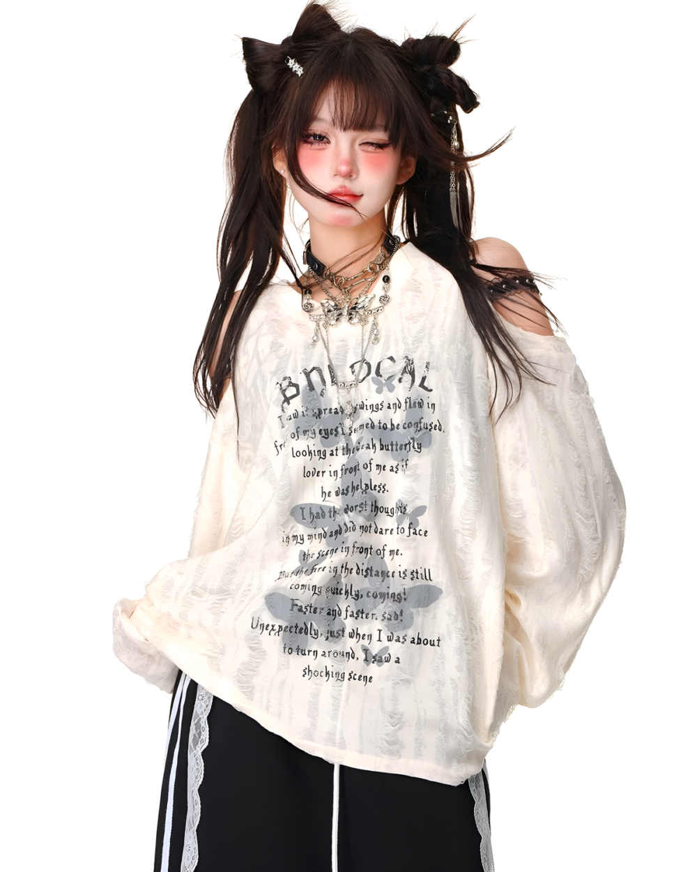 Off-Shoulder Butterfly Top featuring a grunge aesthetic design, showcasing a floral print.
