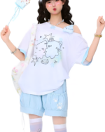 Cute Cat Pair T-Shirt featuring an off-shoulder design and paw print shorts.