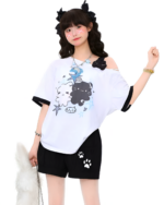 White Cute Cat Pair T-Shirt with playful cat designs, off-shoulder style, and black shorts.