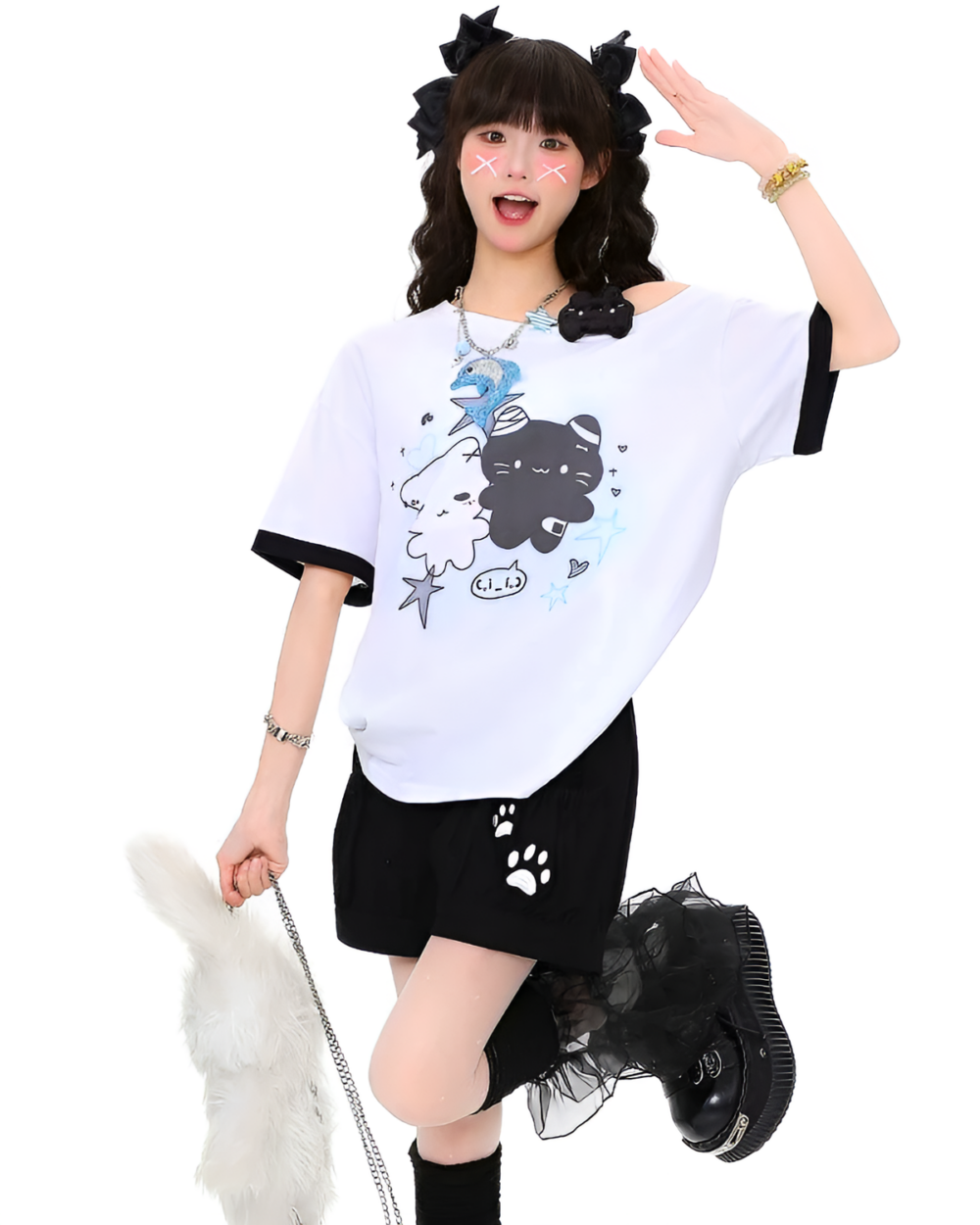White t-shirt with Cute Cat Pair T-Shirt design, featuring playful cat illustrations and accessories.