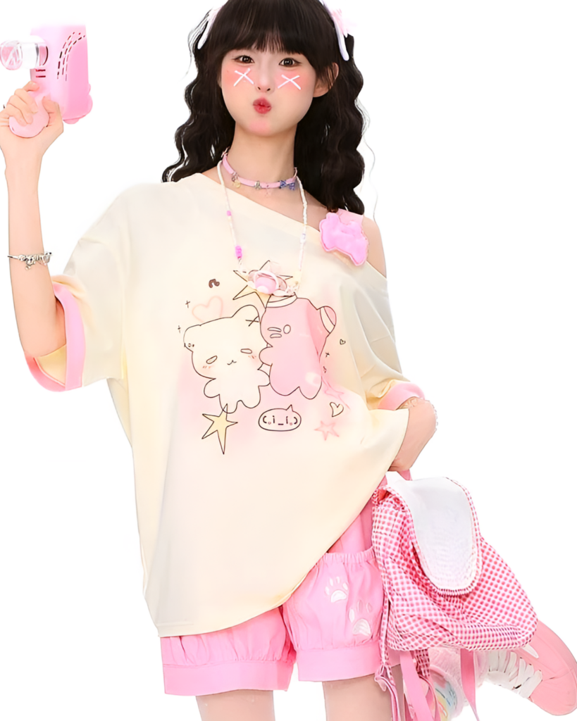 Off-Shoulder Cute Cat Pair T-Shirt featuring illustrated cats, light yellow color.