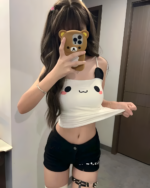 Kawaii Panda Vest Top, a white tank top with a cute panda print, worn by a person.