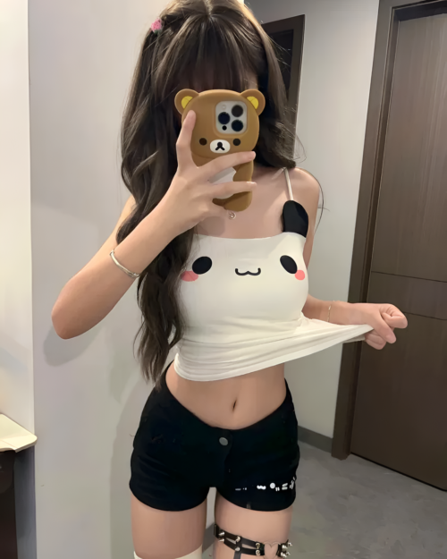 Kawaii Panda Vest Top, a white tank top with a cute panda print, worn by a person.