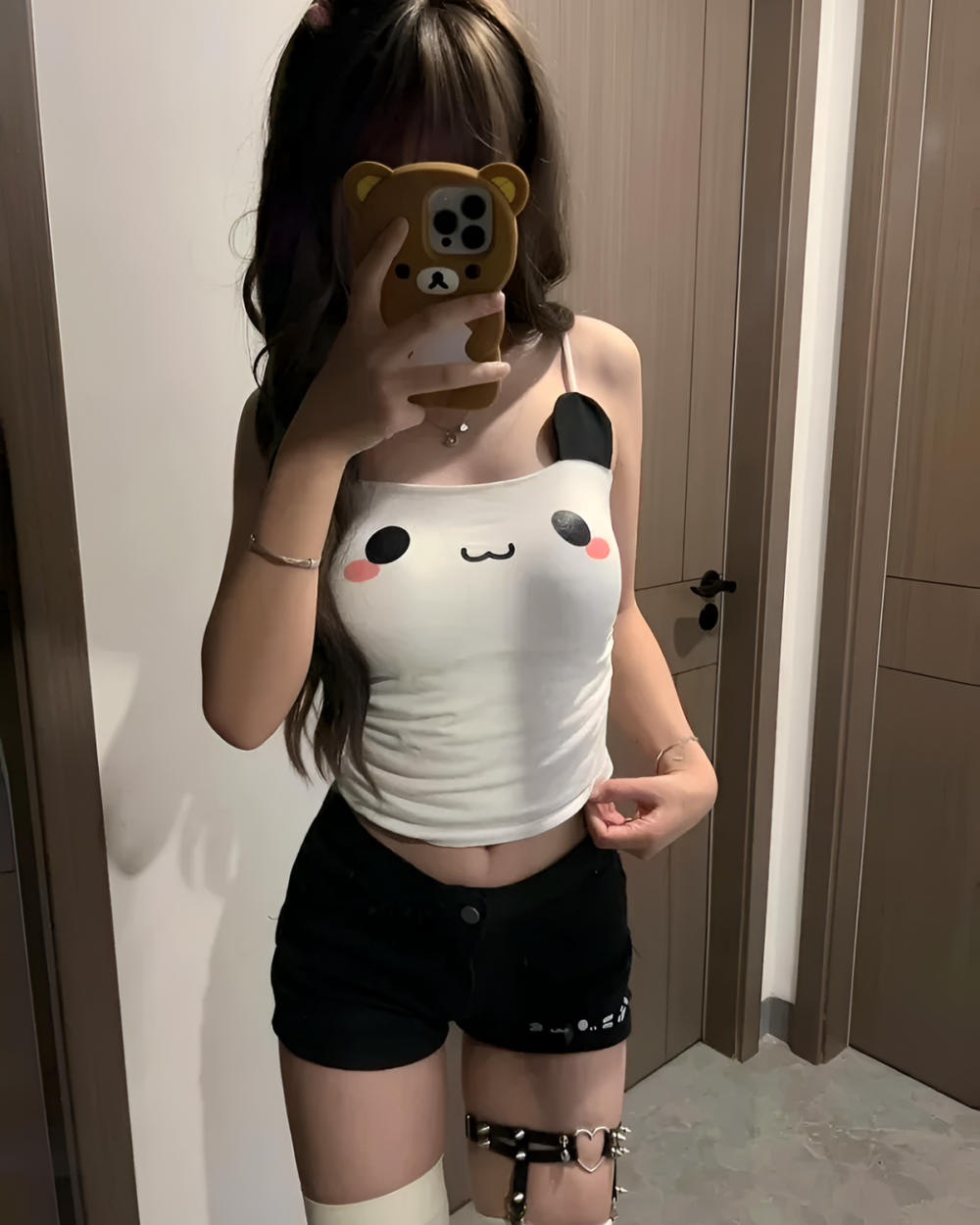 White Kawaii Panda Vest Top with cute face design, showing a person wearing it.