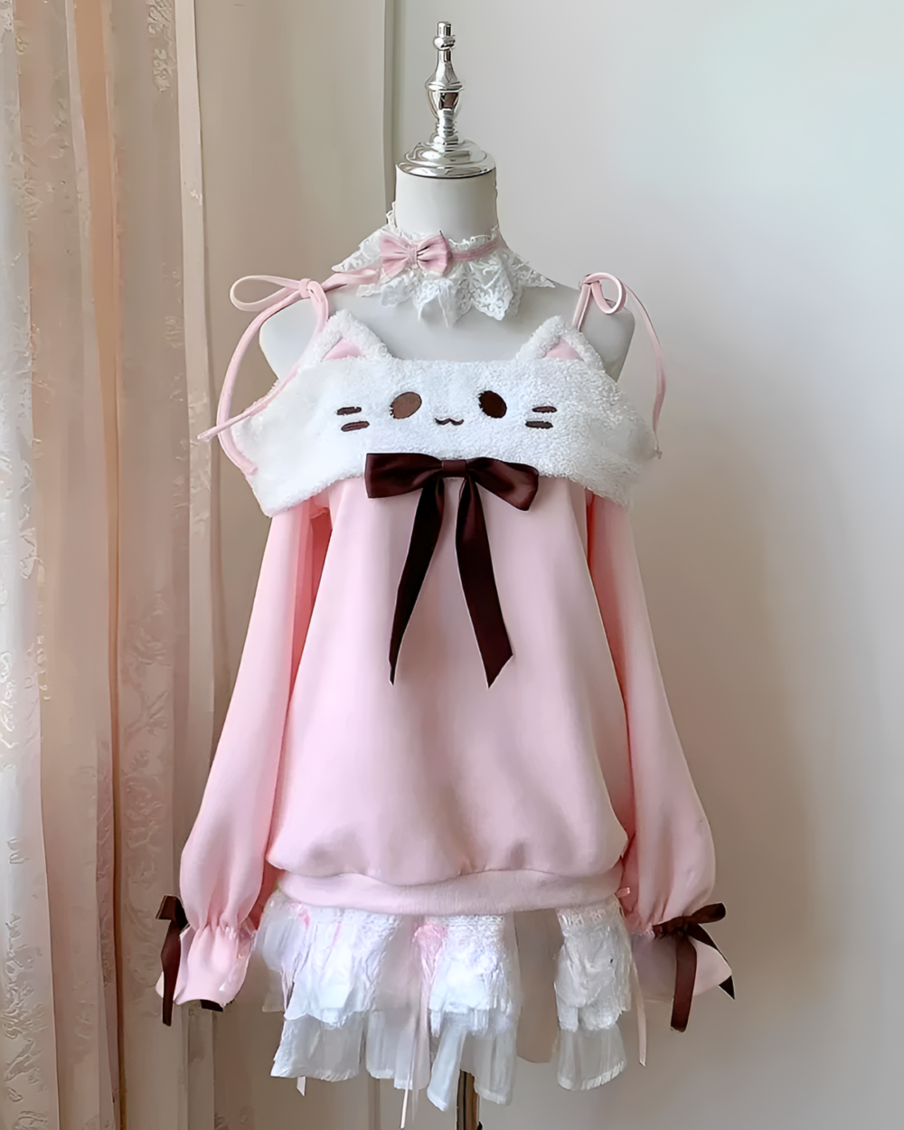 Pink Neko Sweatshirt on a mannequin, featuring cat ears and a cute core design.