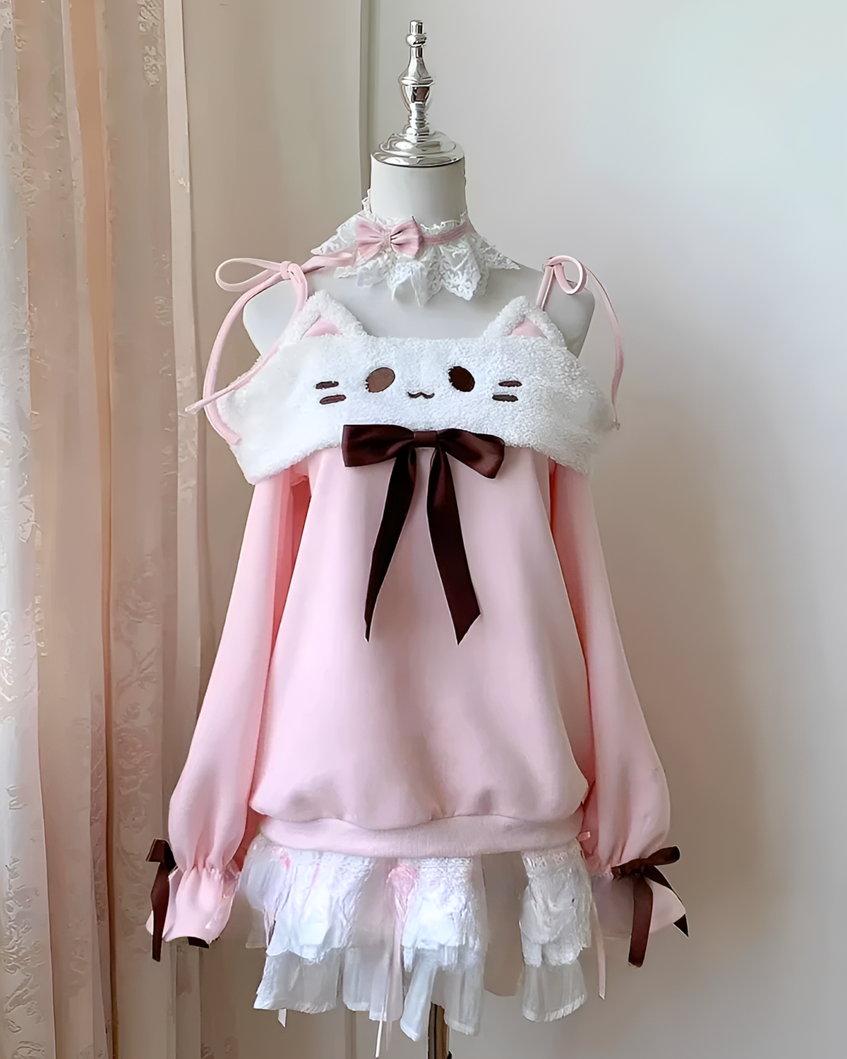 Pink Neko Sweatshirt on a mannequin, featuring cat ears and a cute core design.
