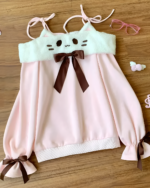 Pink Neko Sweatshirt featuring a plush cat head, bow, and tie-up straps. Cutecore aesthetic top.