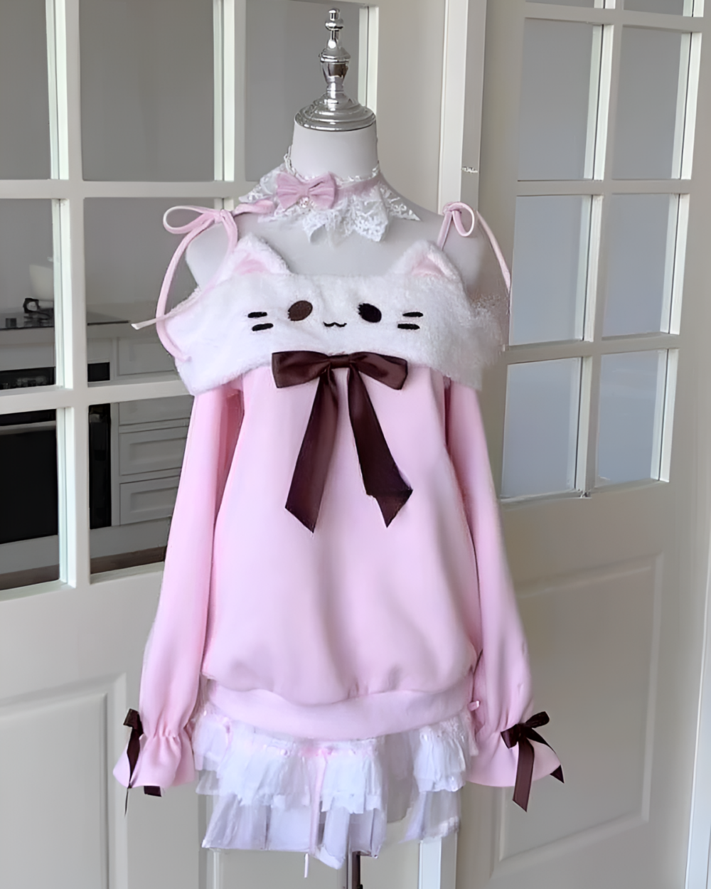 Pink Neko Sweatshirt - Cutecore Aesthetic, light pink long-sleeved top with cat ears and bow details.