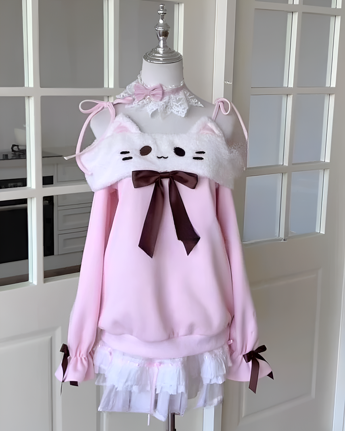 Pink Neko Sweatshirt - Cutecore Aesthetic, light pink long-sleeved top with cat ears and bow details.