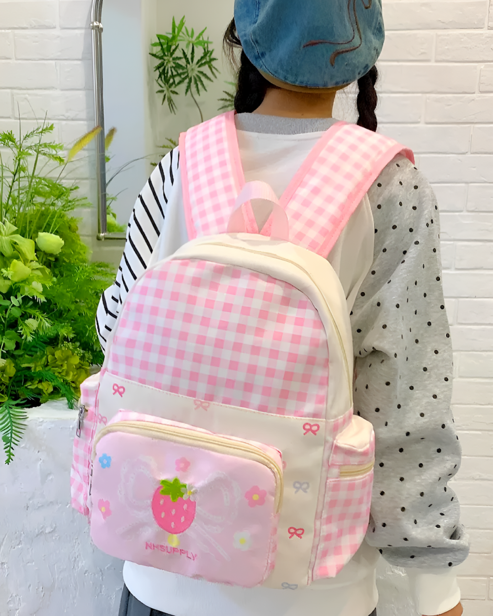Plaid Strawberry Backpack with strawberry and flower design, Jojifuku Aesthetic.