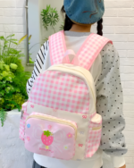 Plaid Strawberry Backpack with strawberry and flower design, Jojifuku Aesthetic.