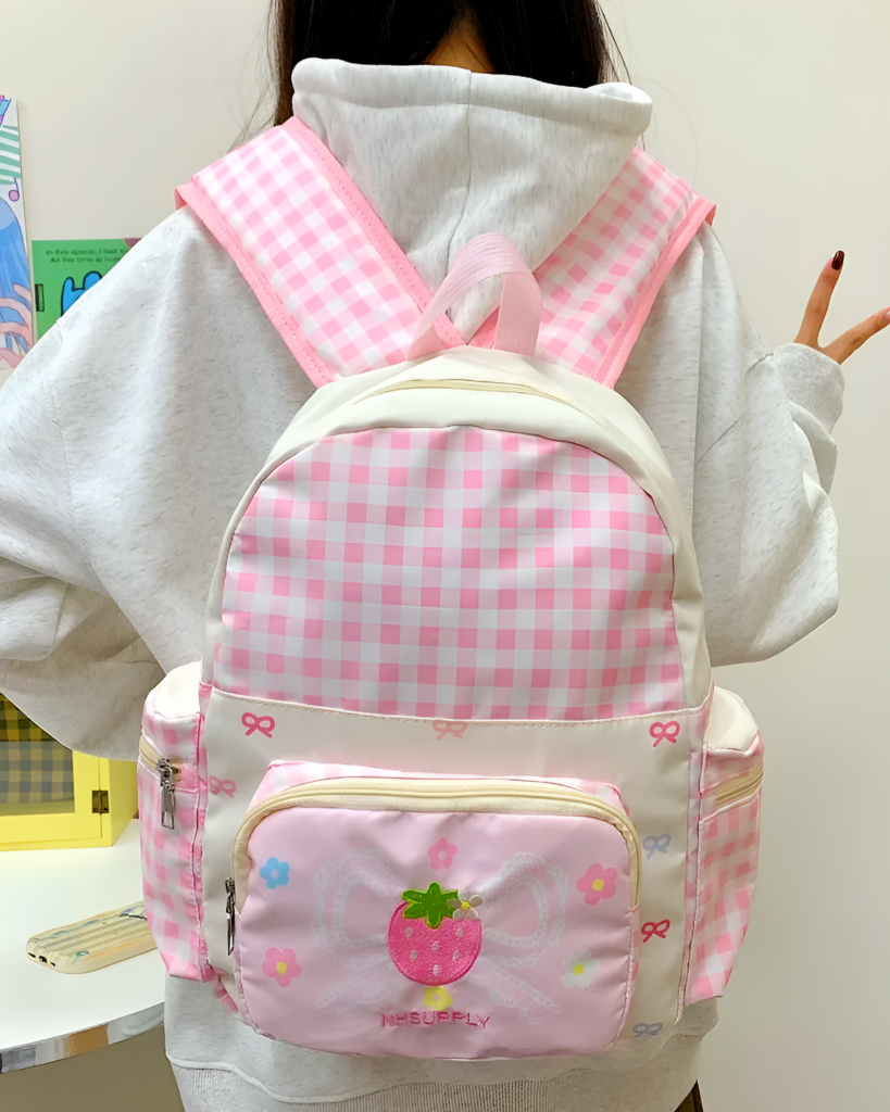 Pink and white plaid Strawberry Backpack with floral accents, Jojifuku Aesthetic.