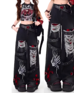 Ripped Black Pants - Y2K aesthetic pants with distressed details and chunky soles.