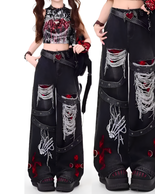 Ripped Black Pants - Y2K aesthetic pants with distressed details and chunky soles.