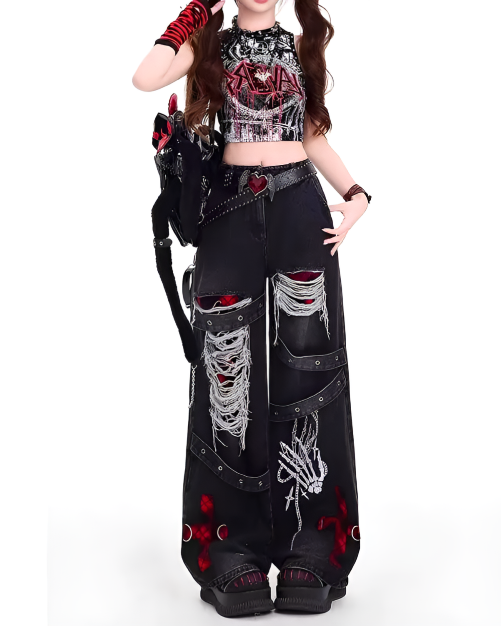 Ripped Black Pants - Y2K aesthetic pants featuring distressed details and a unique design.