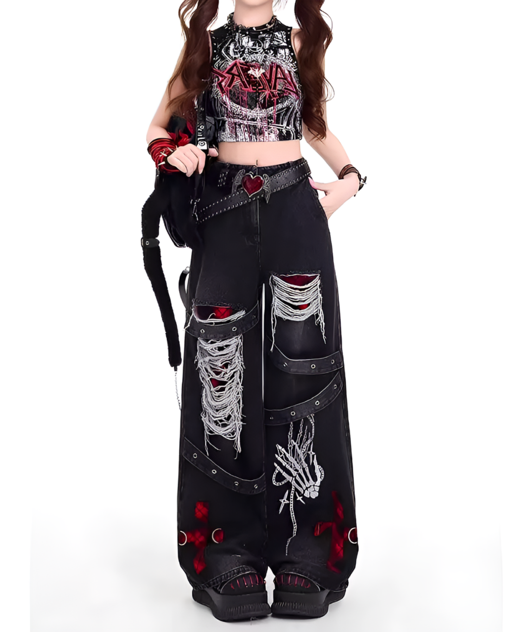 Ripped Black Pants - Y2K aesthetic pants featuring distressed details and silver chain adornments.
