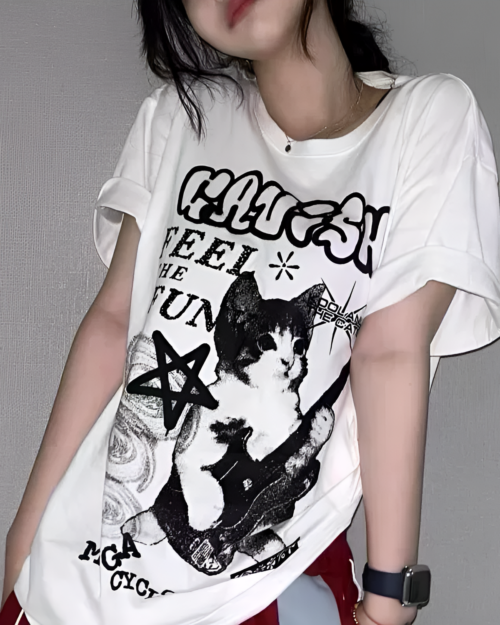 Rocker Cat White T-Shirt graphic on a white tee shirt.