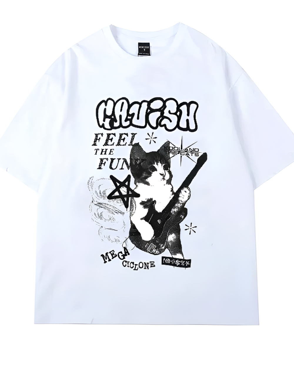 Rocker Cat White T-Shirt featuring a cat playing guitar, graphic design.