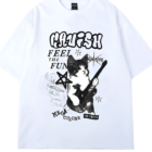 Rocker Cat White T-Shirt featuring a cat playing guitar, graphic design.