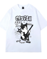 Rocker Cat White T-Shirt featuring a cat playing guitar, graphic design.