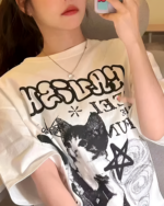 Rocker Cat White T-Shirt with graphic design featuring text and star motifs.