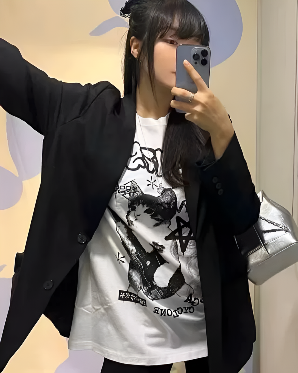 White Rocker Cat T-Shirt with graphic design, worn as part of an outfit.