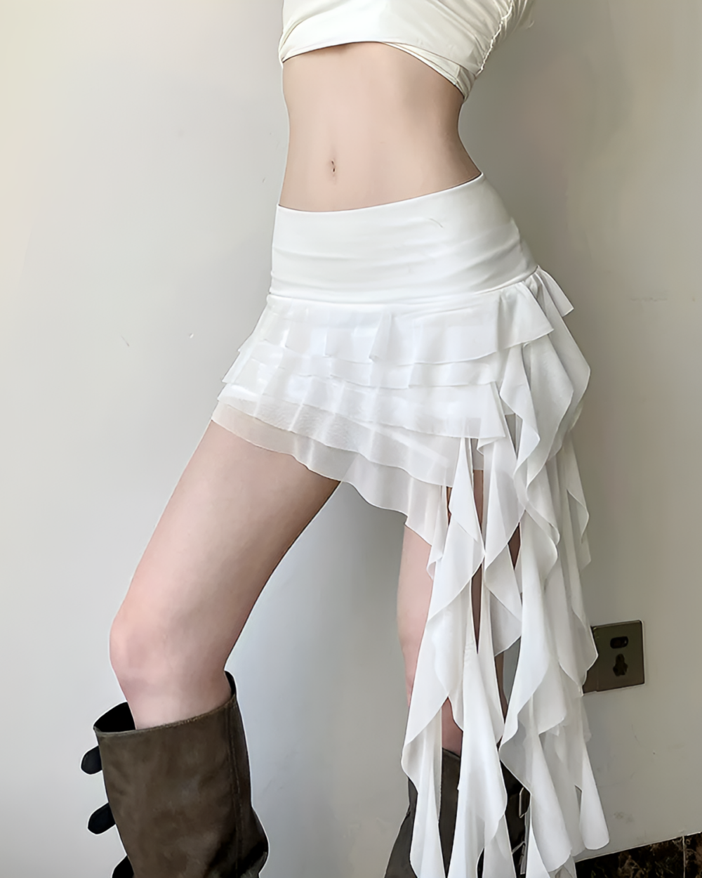 White Ruffles Low-waisted Coquette Aesthetic Skirt, layered and flowing.