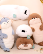 A collection of Kawaii Seal Plushies, including a blue and brown plushie.