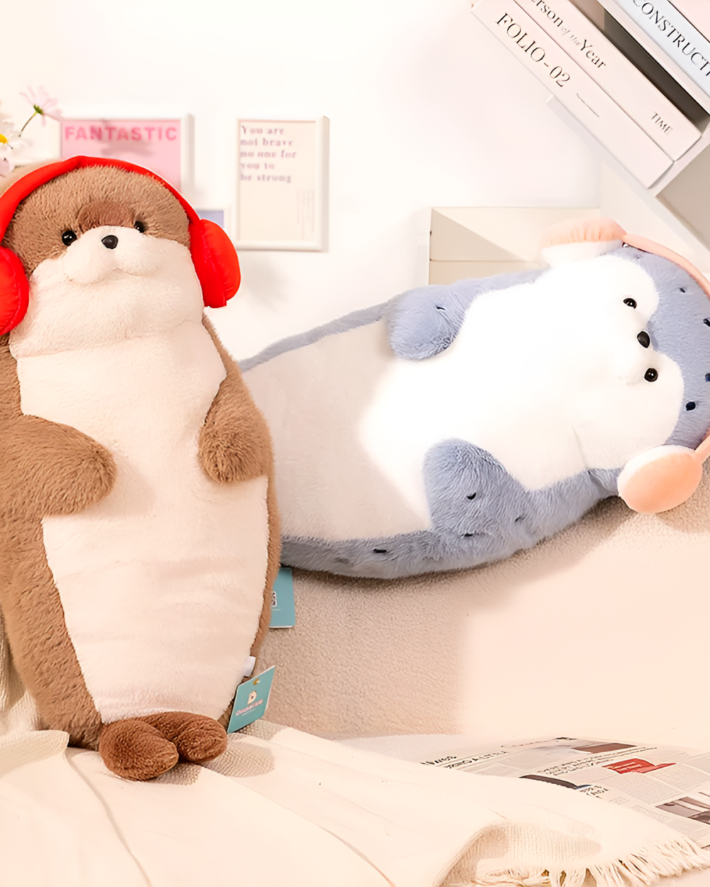 Two Kawaii Seal Plushies, one brown and one blue, sitting on a bed.