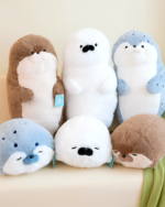 Collection of Kawaii Seal Plushies in various colors, soft plush material.