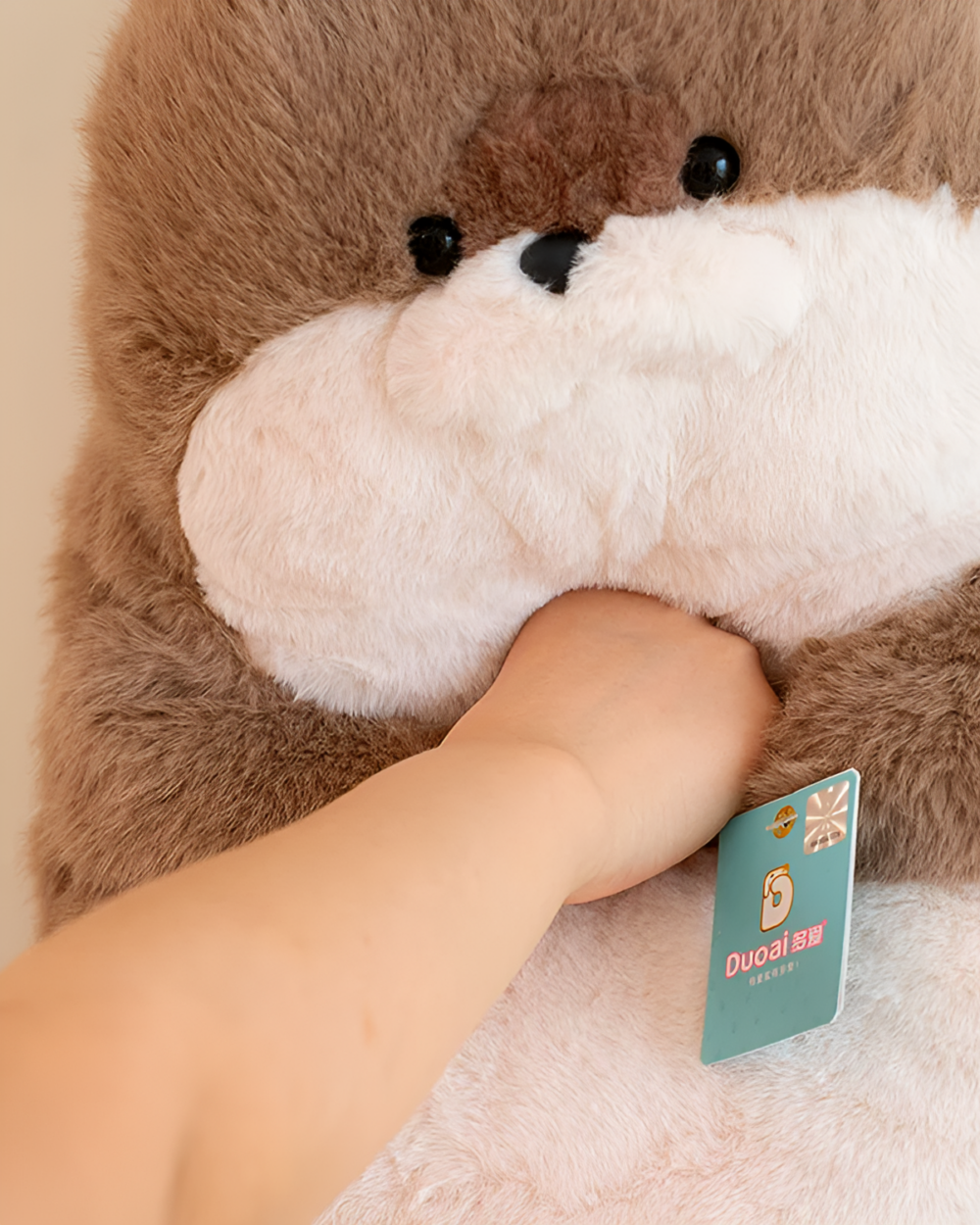 Close-up of a brown Kawaii Seal Plushie, soft plush toy.