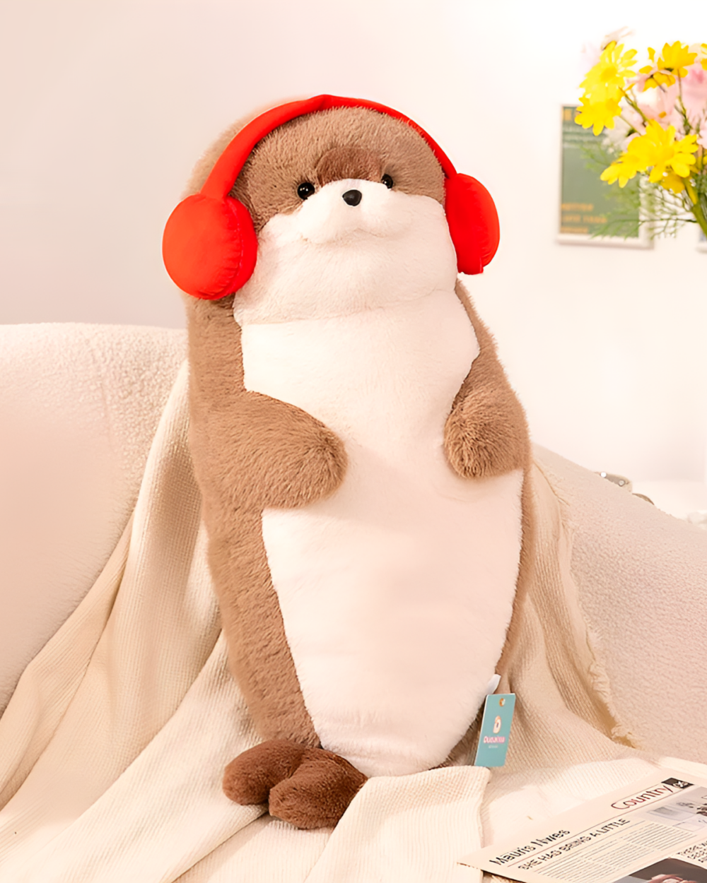 A brown Kawaii Seal Plushie wearing red earmuffs and sitting on a sofa with a newspaper.