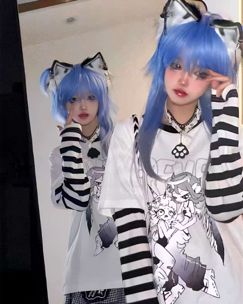 Striped Animecore Aesthetic Tee with anime-style character print, worn by a model.