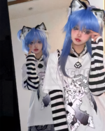 Striped Animecore Aesthetic Tee with anime-style character print, worn by a model.