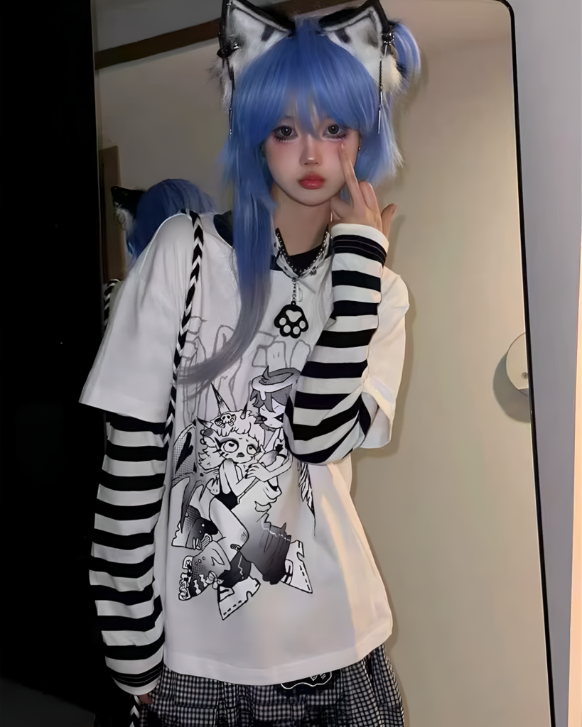 Striped Long Sleeves T-shirt - Animecore Aesthetic Tee featuring a detailed graphic print.