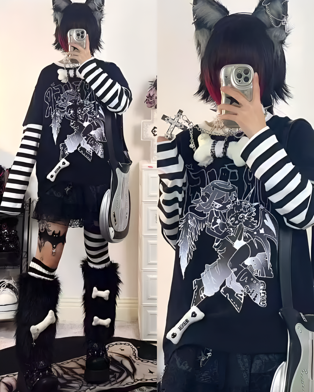 Close-up of a model wearing an Animecore Aesthetic Tee featuring black and white stripes.